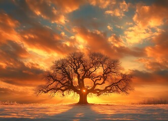 Wall Mural - an old oak tree stands in the middle of an empty winter field the sun sets behind it and casts its r