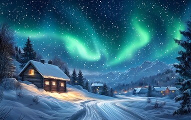 beautiful northern lights in the sky with stars green light-colored clouds over a snowy wooden house