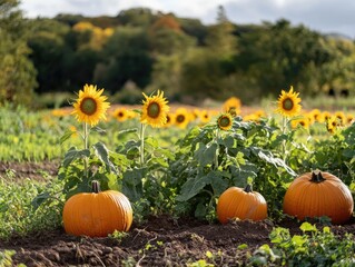 Autumn gardening with pumpkins and sunflowers