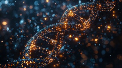 A digital representation of a DNA double helix with glowing elements in a dark background.