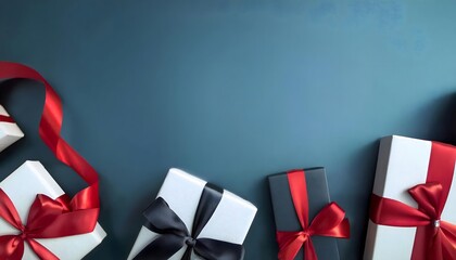 Red and black Christmas background concept Red and black ribbons wrapped around Christmas gift boxes