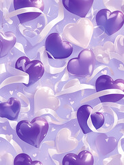 Wall Mural - background with hearts, seamless pattern of purple hearts and white satin ribbons, cute background for Valentine's day, love, hearts, romance, wallpaper