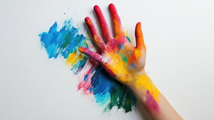 Poster - Colorful hand silhouette on a white backdrop painted with vibrant hues