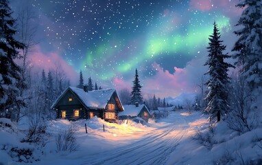 the northern lights in the sky with a house road and stars in the snowy landscape on a winter night Snowy village Polar light colors Beautiful peaceful and colorful natural evening background