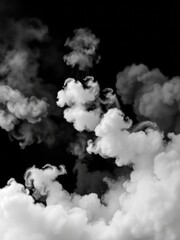 Panoramic view of an abstract fog with white cloudiness moving on a black background with copyspace for text Smoke Explosion Backdrop