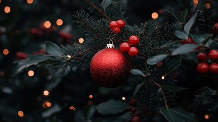 Red Christmas ornament hanging on tree, festive holiday decoration