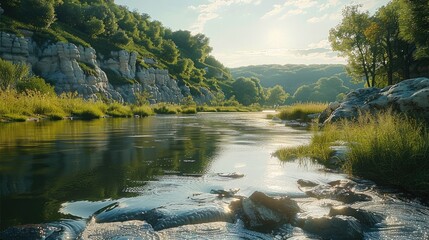 Wall Mural - Hillside on a river in a pastoral landscape. The river has cliffs and forests.