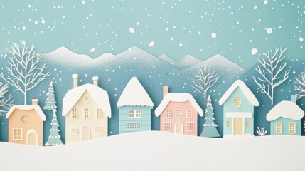 Wall Mural - Paper-style winter houses with snowy rooftops and cozy details, charming winter scene