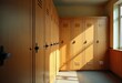 © franxxlin_studio - Row of orange school lockers in hallway with sunlight casting shadows