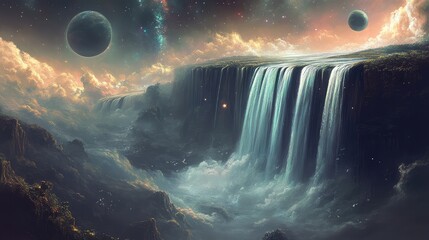 Wall Mural - a cosmic waterfall, with glowing stars and planets cascading down its length, pouring into an endles
