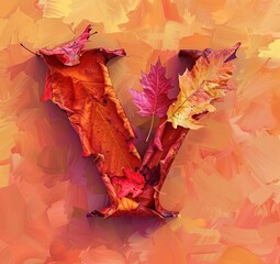 Autumn font. Letter V made of autumn leaves. 3d