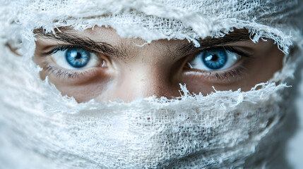 Closeup of a man's eye with a bandage.