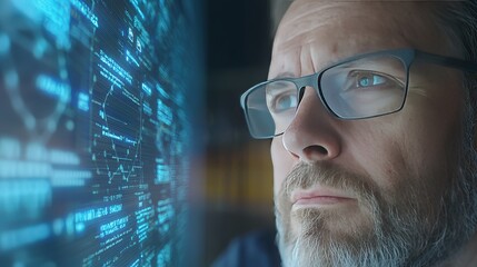 Wall Mural - man analyzing data on digital screen ai machine learning technology concept