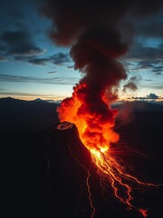 A breathtaking volcanic explosion erupts with a massive lava flow visible set against the dramatic backdrop of the dusk sky highlighting nature's ferocity Smoke Explosion Backdrop