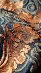 Wall Mural - Close-up of an elegant, textured fabric featuring intricate floral patterns in warm colors, perfect for design projects.