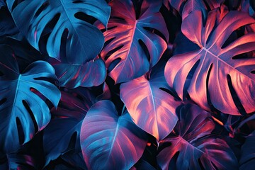 Wall Mural - Vibrant tropical leaves illuminated in blue and pink hues, creating a stunning visual effect and a captivating atmosphere.