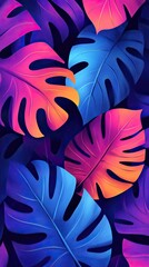 Wall Mural - vibrant tropical leaves in shades of blue, pink, and purple on a dark background, perfect for modern
