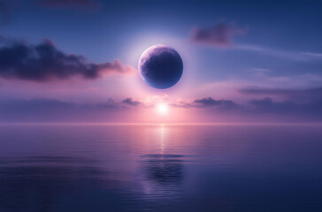 The moon during an eclipse, floating above calm water