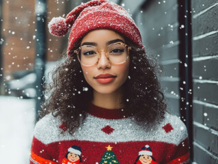 a woman wearing a Christmas sweater