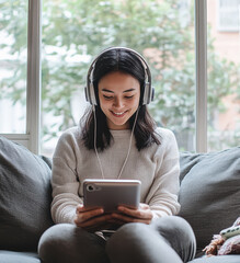 A woman wearing headphones is sitting on a couch, holding a phone with a headphone cord attached to it, the sun outside the window shining on her.