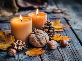 Wall Mural - Autumn themed candles with nuts and foliage on rustic wood