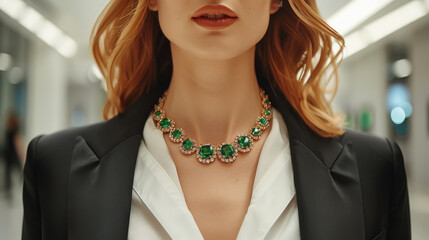 An elegant woman wearing a necklace adorned with emeralds. The necklace features a row of deep green stone