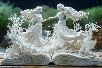 Two white female figures in flowing gowns emerge from the pages of an open book, creating a magical and ethereal scene.