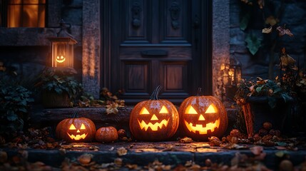 Canvas Print - Lit jack-o'-lanterns on a porch steps with fall leaves and lanterns on a spooky Halloween night.