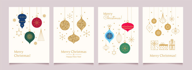 Merry Christmas and Happy New Year Set of greeting cards, posters, holiday backgrounds.