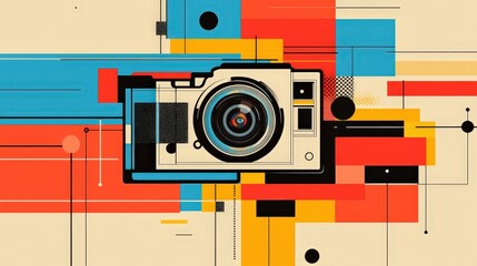 Wall Mural - Playful Retro Illustration of GoPro Camera in Minimalistic Graphic Poster Style with Vibrant Color Base Background