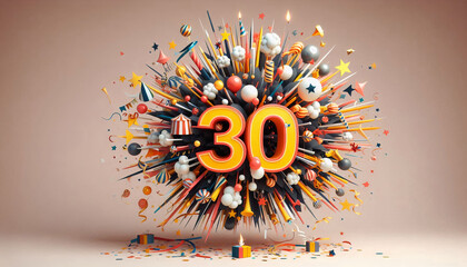 Canvas Print - A dynamic burst of colors, balloons, and confetti celebrating a joyful 30th birthday milestone