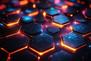 Abstract Neon Hexagonal Pattern. Futuristic abstract background with neon glowing hexagons.