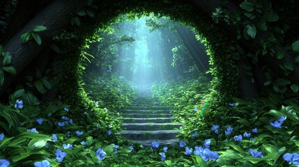 Poster - Enchanted Forest Path  Stone Steps Leading to Light Through Lush Foliage and Blue Flowers