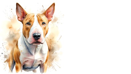 Bull Terrier dog , captured in a serene watercolor portrait. Drawing. Art. Illustration. Copy Space. 2