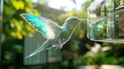 Canvas Print - Futuristic Hummingbird Robot in Flight with Glass Lens and Blurred Forest Background