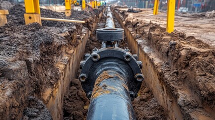 Construction site of an interconnected natural gas transmission pipeline highly integrated network that moves natural gas valve