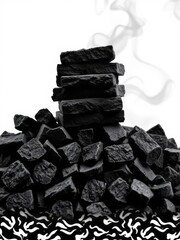 A stack of black coal bars against a white backdrop with a blank space for an image is available copy space available Smoke Explosion Backdrop