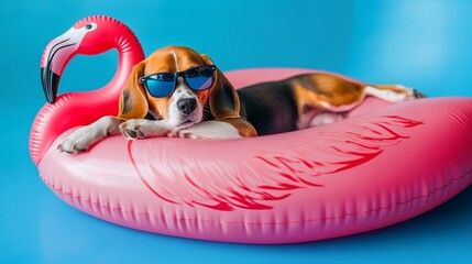 A beagle dog wearing sunglasses lies on an inflatable pink flamingo on a blue isolated background the concept of summer holidays relaxing by the sea or in the pool