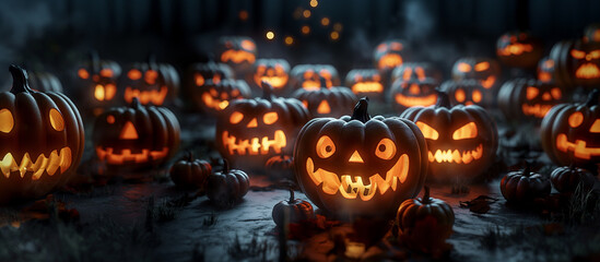 Illuminated carved pumpkins with different evil faces in darkness at Halloween night