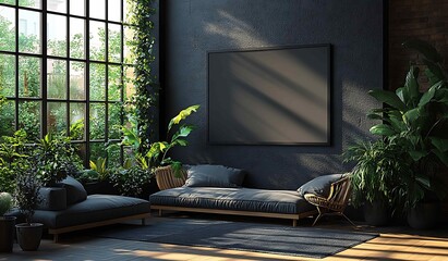 Interior of modern living room with dark wooden walls, wooden floor, brown sofa and mock up poster frame.