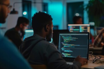 Focused Programmer Working on Code in a Dark Office