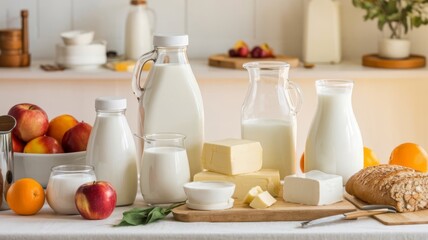 Table Display of Fresh Dairy Milk Products, Perfect for Breakfast or Meal Preparation