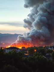 Green trees and houses form a backdrop to a town in crisis a fire's orange glow and smoke dominating the night sky Smoke Explosion Backdrop