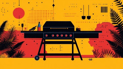 Bold and Simple: Retro Graphic BBQ Grill Illustration in Minimalistic Line Art Style with Playful Colors
