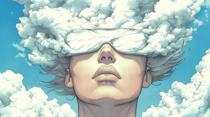 Wall Mural - A woman's face is obscured by clouds, suggesting a sense of mystery and introspection.