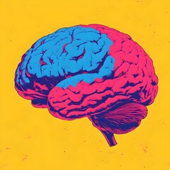 A vibrant illustration of the human brain, depicted in a bold pink and blue color scheme against a bright yellow background.