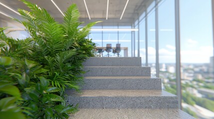 Sticker - Modern Office Interior with Concrete Steps and City View