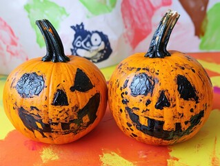 Wall Mural - Halloween pumpkin painting fun with children