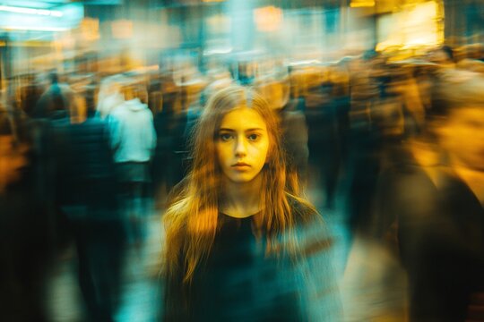 teenage girl lost in the crowd, motion blur of conceptual image of a lonely girl for being fatherles