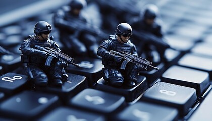 Figurines of a team strategically positioned on a keyboard, symbolizing cyber defense.